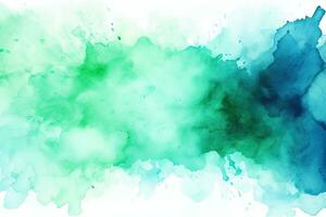 Abstract watercolor background. Hand-painted background. Illustration, Blue green watercolor paint splash or blotch background with fringe bleed wash, AI Generated photo