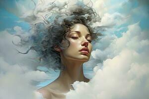 Portrait of a beautiful woman with curly hair in the clouds, breathtaking painting capturing the beauty of the cloudy sky, AI Generated photo