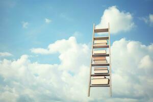 Books on a wooden ladder against a blue sky with clouds. Education concept, book stack with ladder on sky with clouds backgrou photo