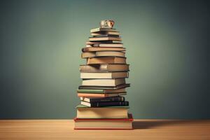Stack of books on wooden table. Education concept. Toned image, book stack with graduation head on top of the books with lots of empty space, AI Generated photo