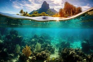 Underwater view of tropical coral reef with tropical fishes and island in background, Bora Bora underwater, AI Generated photo