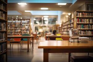 Library interior with bookshelves and tables, shallow depth of field, blurry college library. Bookshelves and a classroom in blurry focus, AI Generated photo