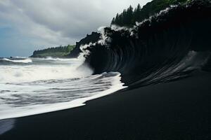 olas rotura en negro arena playa en Hawai, grande isla, siluetas de turistas disfrutando el negro arena playa y Oceano ondas, ai generado foto