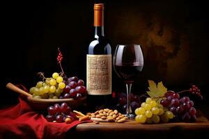 botella de rojo vino, uvas y nueces en un oscuro fondo, botella con rojo vino y vaso y uvas, ai generado foto