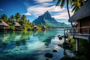 hermosa tropical paisaje con agua bungalows y palma árboles, bora bora paisaje foto