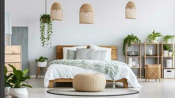 Patterned Pouf and Basket Aligned with Lamps, Plants, and Poster in the Bedroom photo