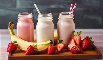 Delightful Strawberry and Banana Milkshakes Served in Glass photo