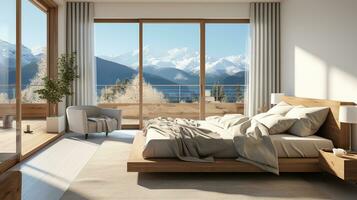 Modern minimalist interior of a bedroom with a large double bed on a sunny day with sunlight through the windows with a view of the nature of the mountains photo