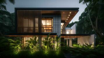 Contemporary white house with vertical timber screen and some dark stone cladding, surrounded by tropical trees. Generative AI photo