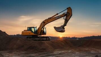 An Excavator's Graceful Dance in the Open Pit Mining. Sunset in the Quarry. Generative AI photo