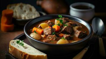 Comfort in a Crock Pot - Hearty Beef Stew and Crispy Toast. Generative AI photo