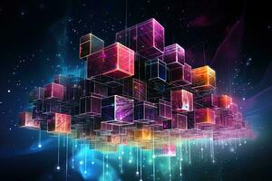 Abstract cube background, 3D illustration, 3D rendering, digital illustration, Blockchain on a data computation layer, AI Generated photo