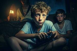 chico jugando vídeo juegos con su amigos en un oscuro habitación. selectivo enfocar, chico jugando vídeo juego con amigos a hogar, ai generado foto