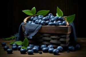 Blueberries in a basket on a wooden background. Toned, Blueberries in the basket on top of a vintage wooden table, AI Generated photo