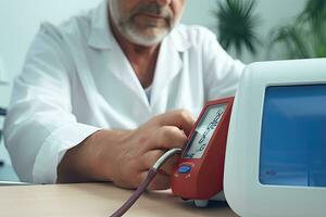 Senior male doctor measuring blood pressure of patient with digital blood pressure monitor, Blood pressure monitor in the medical office. The doctor monitoring Blood pressure, AI Generated photo