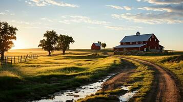 Journey Through Rustic Beauty, dirt road between rustic barns on a beautiful farm photo