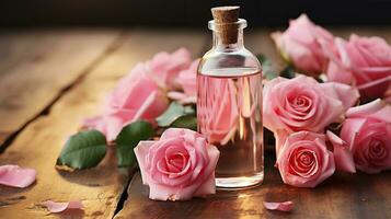 Spa and aromatherapy cosmetic concept. Pink rose flower and glass of bottle essential oil with rose petals photo