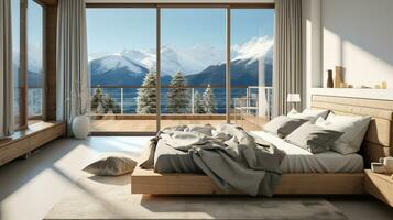 Harmony of Elements, Sunlit Minimalist Bedroom Overlooking Mountain Beauty photo