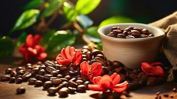 Coffee beans with real coffee fruits, flowers and leaves on wooden table photo