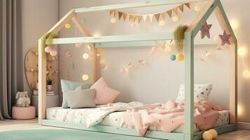 Cute Kids' House Bed with Fairy Lights and Pastel Dreams. Generative AI photo