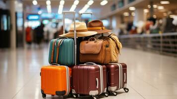 Trolley with suitcases and hat in airport terminal. Generative AI photo