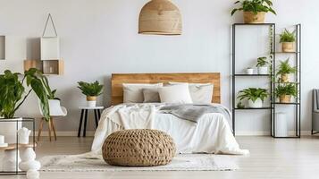 Chic Bedroom Retreat, Bright Interior with Patterned Pouf and Basket Accents photo