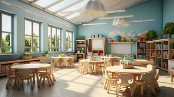 Empty Modern Preschool Classroom Interior. Generative AI photo