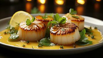 Close up of pan seared diver scallops with lemon beurre blanc. Generative AI photo