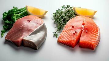 exhibiendo el Rico colores de carne de vaca y salmón en medio de saludable vegetales en un puro blanco ajuste. generativo ai foto