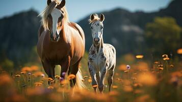Mare and Foal in the Tranquil Embrace of a Meadow Haven. Generative AI photo