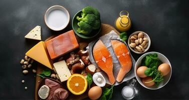 Top view. Foods high in vitamin D on dark background. Healthy diet concept. Generative AI photo