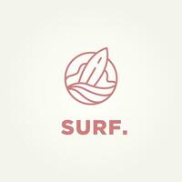 surfboard and wave minimalist line art logo template vector illustration design. simple modern surfer, water sport, surfboard logo concept