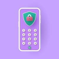 A smartphone with armor protection and a lock key with numeric buttons. Color pastel style. Vector illustration