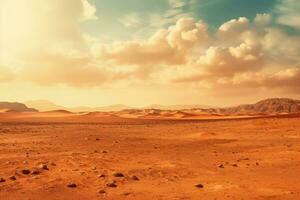 Bleak desert panorama under torrid sun background with empty space for text photo