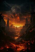 Ruined cityscape bathed in fiery glow embodying the terrifying inferno of war photo