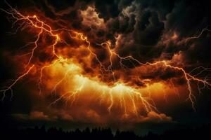 Fiery lightning strikes under stormy hellish skies background with empty space for text photo