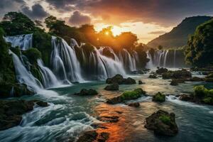 Waterfalls cascade majestically under vibrant rainbows epitomizing earthly paradise photo