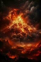 Smoky volcanic eruption in a fiery landscape background with empty space for text photo