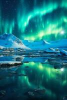 Icy arctic vista under vibrant Northern Lights background with empty space for text photo