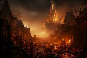 Ruined cityscape bathed in fiery glow embodying the terrifying inferno of war photo