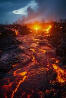lava fluye encender noche cielo en feroz apocalíptico volcánico paisaje foto