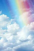 Divine rainbow spectacle in rainy skies background with empty space for text photo