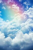 Divine rainbow spectacle in rainy skies background with empty space for text photo