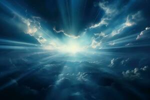 Mystical light beams piercing through dense clouds background with empty space for text photo