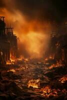War ravaged buildings amidst fiery inferno background with empty space for text photo