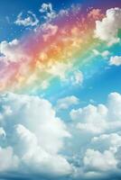 Divine rainbow spectacle in rainy skies background with empty space for text photo