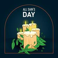 All Saints' Day, vector illustration of illuminated candles with decorative plants and dark blue background