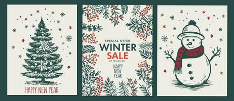 Christmas set in sketch style, winter sale. Hand drawn illustration. vector