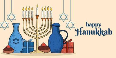 hand drawn happy hanukkah horizontal banner illustration vector design