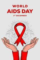 world aids day vertical banner illustration with hands and red ribbon vector